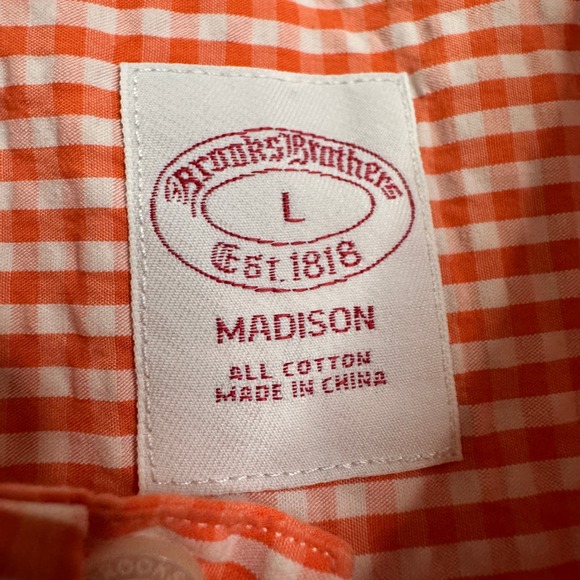 Brooks Brothers Madison Button Down Shirt Men's Large Orange White Seersucker - Picture 3 of 7